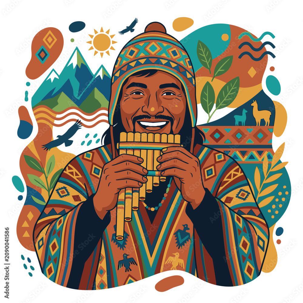 Obraz premium Andean Musician Playing Pan Flute in Traditional Attire