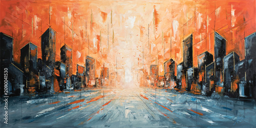 Tableau sur toile Vibrant Orange Modern Cityscape Abstract Oil Painting