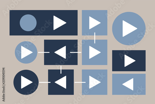Series of white play button icons inside blue circles and rectangles connected by lines on a neutral tan background.