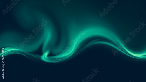 Vibrant emerald-teal glowing abstract waves and soft light tendrils flow dynamically against a deep midnight blue background, creating a serene, modern pattern.