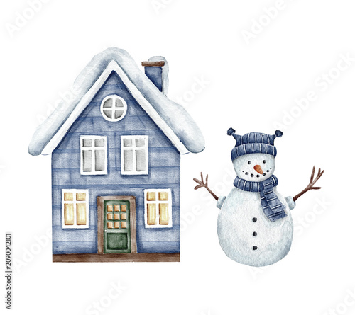 Fotografía Blue winter house with snow and a snowman watercolor illustration, clipart, hand
