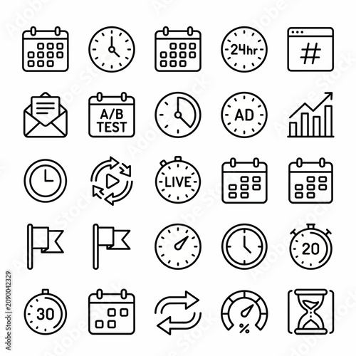 Time management icons, clock symbols, calendar graphics, 25 timeline elements