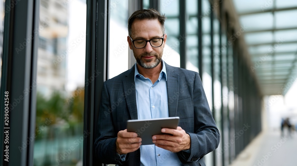 Fototapeta premium A man wearing glasses and a suit is looking at a tablet while standing near glass in an urban setting
