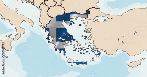 Motion graphic video of the greece flag waving inside the country on a world map