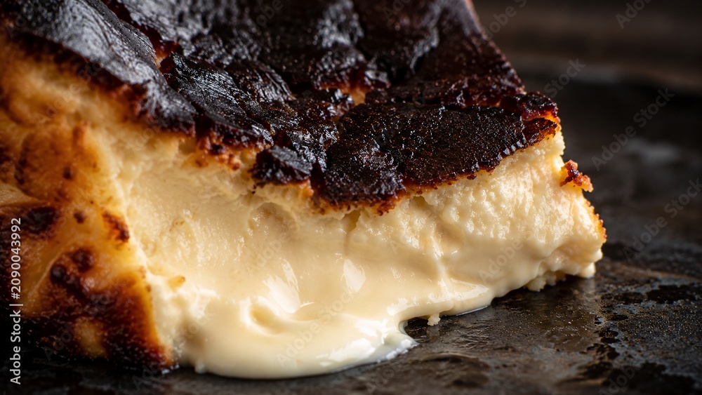 Fototapeta premium Extreme macro close-up of the creamy center of a Basque burnt cheesecake