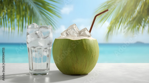 A refreshing green coconut drink with ice and a glass of ice on a table, set against a tropical beach background with palm trees and blue ocean.
