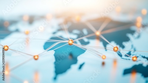 A stylized, 3D digital map of the world (blueteal tones) with glowing orange connection points (nodes) and thin white lines connecting them. Shallow depth of field (bokeh), perspective