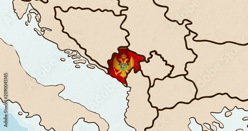 Motion graphic video of the montenegro flag waving inside the country on a world map