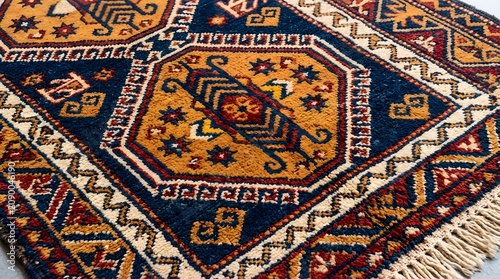 Traditional handmade wool rug featuring intricate geometric patterns, vibrant blue and golden yellow colors, and ornate cultural woven border designs