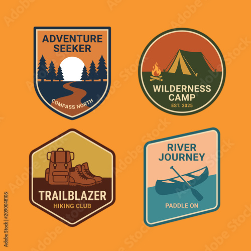Four adventure-themed badges including wilderness camps, hiking trails, and river journeys, designed to inspire outdoor exploration and appreciation of nature's beauty.