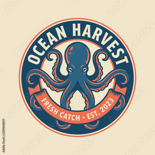 An artistic emblem showcasing an octopus design representing marine harvest, ideal for seafood restaurants or ocean-related businesses, combining freshness and vibrancy.