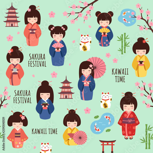 A charming pattern depicting cute characters in traditional Japanese attire, celebrating the Sakura Festival, surrounded by cherry blossoms and koi fish, evoking cultural beauty and joy.
