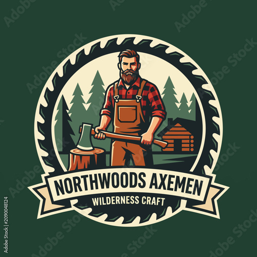 This rugged illustration showcases a skilled axeman in a wilderness setting, embodying the craftsmanship and spirit of outdoor adventure in a distinctive style.