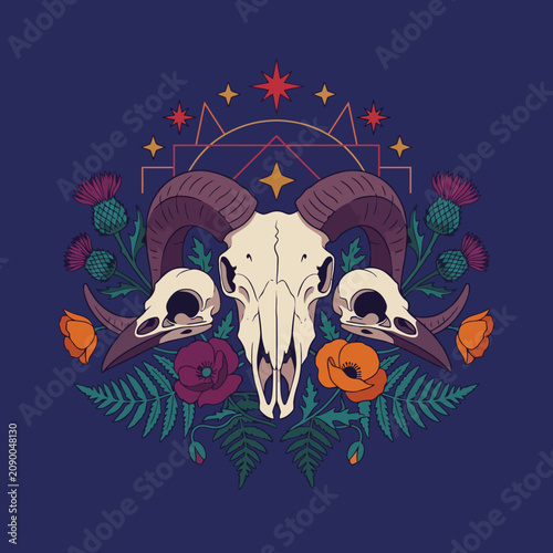 A captivating composition featuring a ram skull interwoven with vibrant flowers and geometric elements, representing a bold fusion of nature and art.