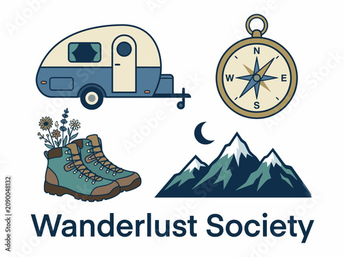 A charming illustration representing a travel lifestyle, featuring a vintage caravan, compass, hiking boots, and mountains, perfect for wanderlust enthusiasts and adventurers alike.