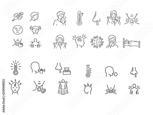 Collection of medical icons representing symptoms of illness like fever, headache, sore throat, cough, and flu
