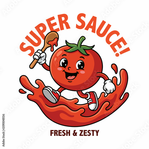 A playful tomato character holding a wooden spoon amidst a vibrant swirl of sauce, representing freshness and zest. Perfect for culinary or food-related themes.