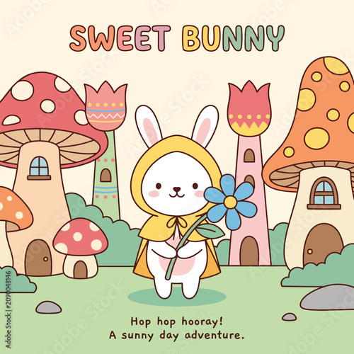 A delightful illustration of a cute bunny holding a flower, surrounded by whimsical mushroom houses, creating a magical atmosphere perfect for children's stories or art.