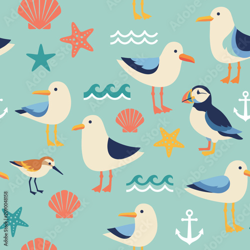 This cheerful design features an array of cute seaside birds, shells, and nautical icons creating a fun and lighthearted coastal theme suitable for beach-themed projects.
