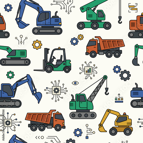 An engaging pattern featuring various construction machinery such as cranes, excavators, and forklifts, blended with abstract technological elements depicting modernity and progress.