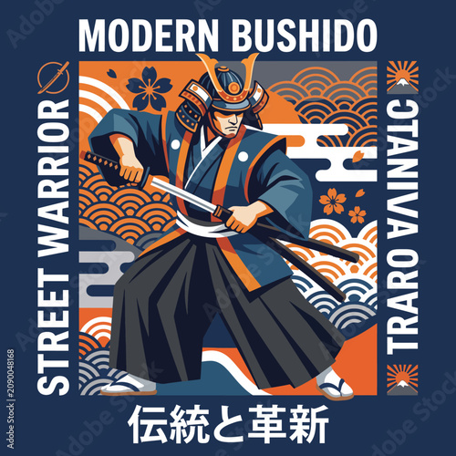 This striking illustration features a modern samurai warrior in traditional attire, showcasing the blend of modern style with the spirit of Bushido, representing courage and honor.
