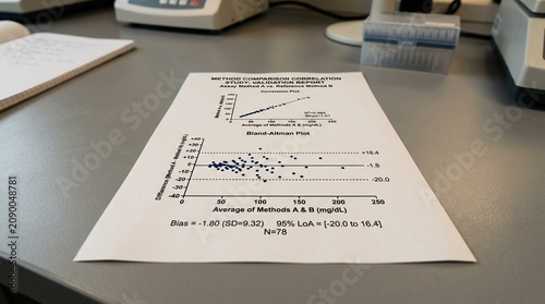 Obraz w ramie Method comparison correlation study data printout with a Bland-Altman plot on a laboratory validation desk – Medical Laboratory Stock Photo, No People