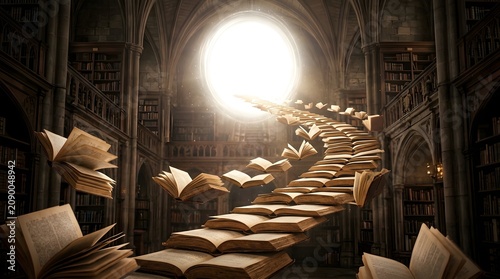 A magical staircase constructed from many open vintage books floating toward a glowing circular portal of brilliant white light energy