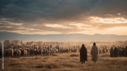 Jacob and Esau part peacefully after their reconciliation, each leading his family, servants, and flocks in a different direction, reflecting forgiveness, restored relationships, and God’s faithful gu