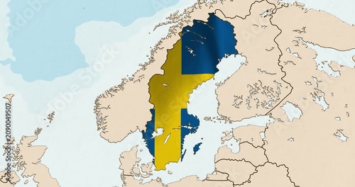 Motion graphic video of the sweden flag waving inside the country on a world map