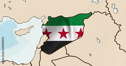 Motion graphic video of the syria flag waving inside the country on a world map