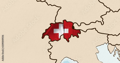Motion graphic video of the switzerland flag waving inside the country on a world map
