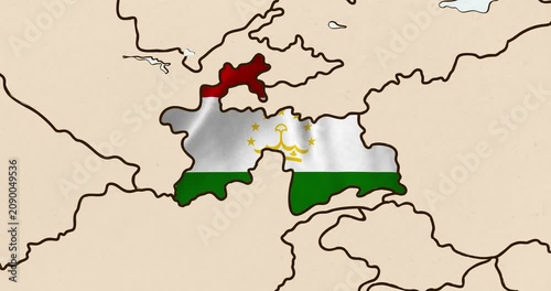 Motion graphic video of the tajikistan flag waving inside the country on a world map