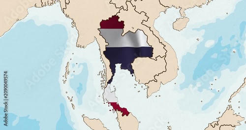 Motion graphic video of the thailand flag waving inside the country on a world map