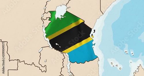 Motion graphic video of the tanzania flag waving inside the country on a world map