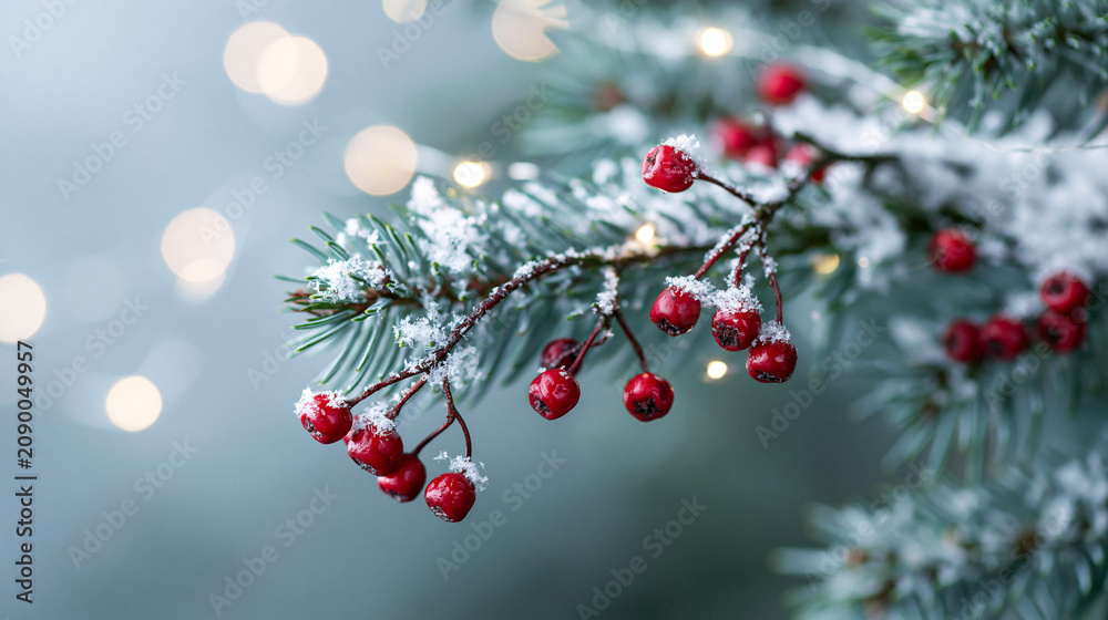 Fototapeta premium A festive pine branch covered in snow and vibrant red berries. Soft, glowing bokeh lights create a warm, cozy holiday atmosphere during the winter season.