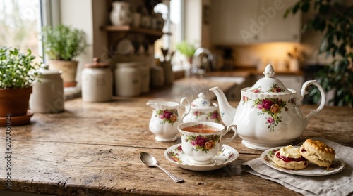 Elegant floral porcelain tea set with fresh tea and scones on a rustic wooden table in a cozy country kitchen