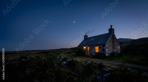Illuminated Window of Rural House with Crescent Moon at Twilight