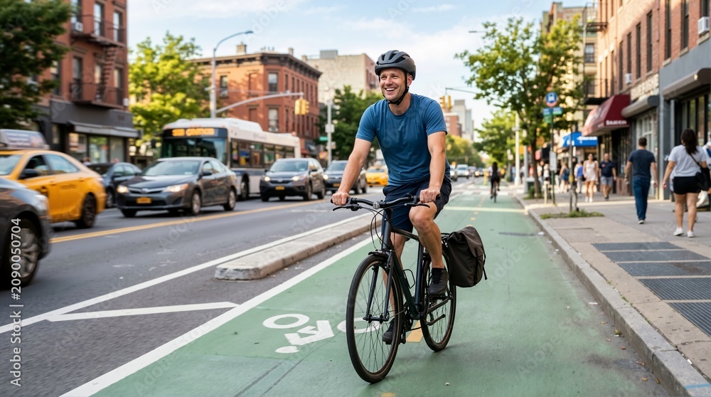 Fototapeta premium Happy man riding a bicycle in the city. Urban cyclist commuting on a bike lane in a busy street
