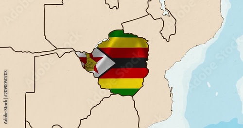 Motion graphic video of the zimbabwe flag waving inside the country on a world map