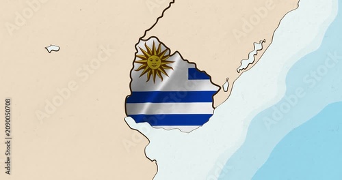 Motion graphic video of the uruguay flag waving inside the country on a world map