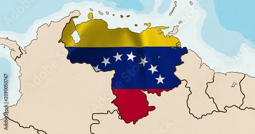 Motion graphic video of the venezuela flag waving inside the country on a world map