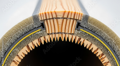 Cross section of composite insulation pipe with wooden and fiberglass layers