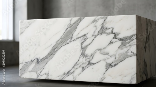 A sleek rectangular block made of polished white marble featuring intricate grey veining captured with high detail and soft lighting
