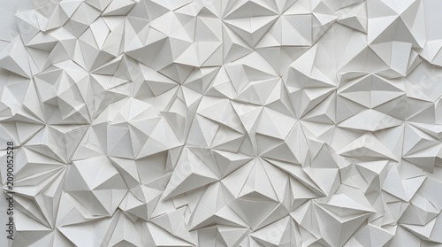 Abstract white paper geometric folds create a sharp three-dimensional sculptural surface with dramatic soft shadows and complex interlocking triangular patterns
