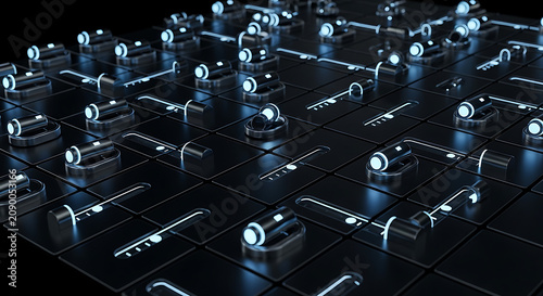 Futuristic abstract digital control panel grid with illuminated switch sliders