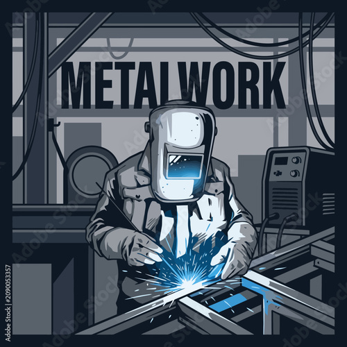 This striking image showcases a welder in action, highlighting the skillful art of metalwork, perfect for industrial themes and showcasing craftsmanship in trades.