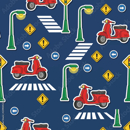 A lively pattern depicting scooters, street signs, and lights, creating a dynamic urban feel that celebrates the joy of city life and movement.