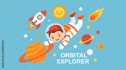 This playful and colorful illustration depicts an astronaut floating joyously among planets, stars, and a rocket, capturing the whimsy of space exploration for children.