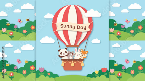 A cheerful illustration of a hot air balloon carrying cute animal friends, soaring through a sunny day, perfect for children's themes and joyous atmospheres.