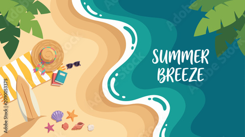 A serene summer beach scene depicting a sandy shore with a surfboard, book, and sunglasses, inviting viewers to unwind and relax while soaking up the sun and ocean breeze.